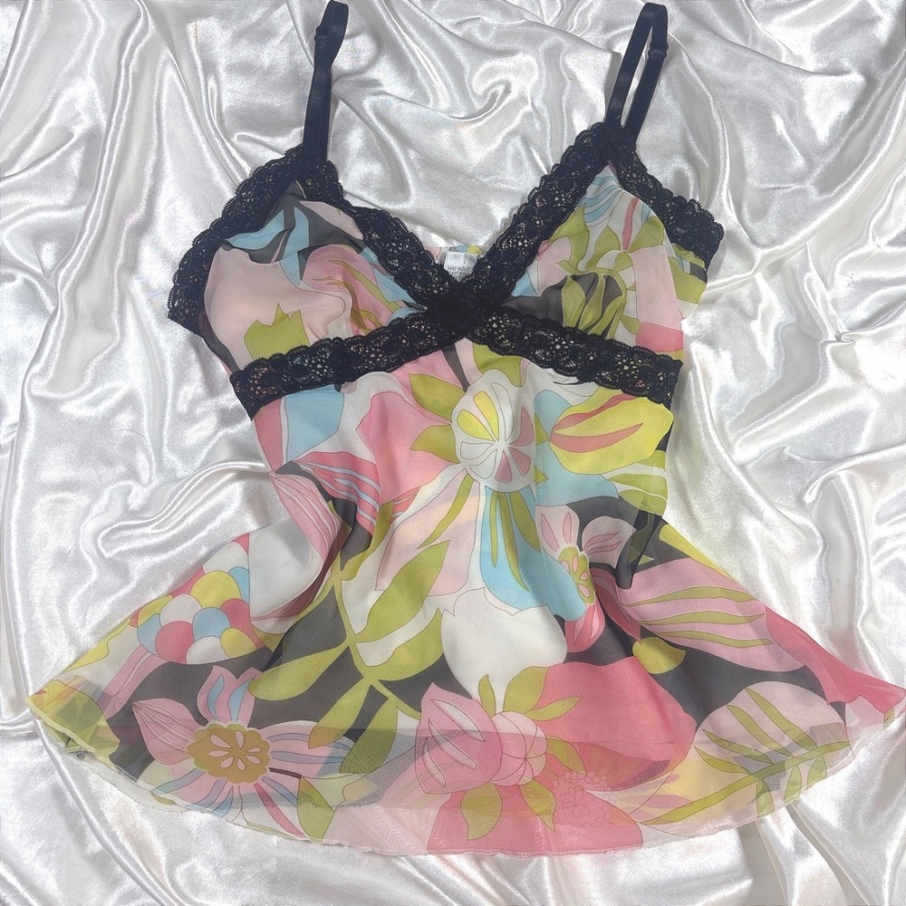 y2k Cami Top Pink Floral Mesh Excellent E.R. Designs Lace Trim Empire Waist M